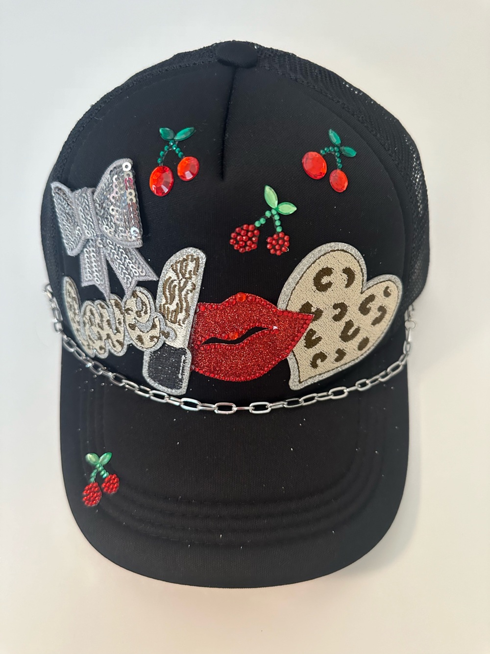 Black Embellished Sequin Lip & Cherry Baseball Cap